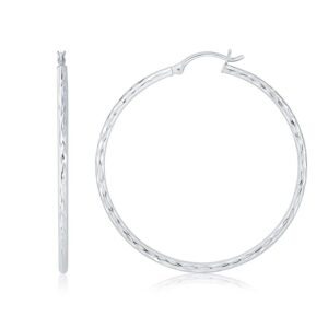 14k White Gold Diamond Cut Hoop Earrings (1 3/4 inch Diameter)