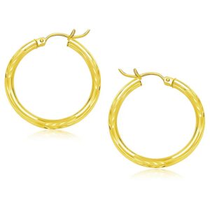 14k Yellow Gold Diamond Cut Hoop Earrings (3x25mm)