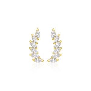 14k Yellow Gold Leaf Motif Climber Post Earrings with Marquise Cubic Zirconias