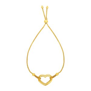 Adjustable Bracelet with Shiny Open Heart in 14k Yellow Gold (1.00 mm)