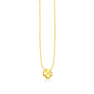 14k Yellow Gold Polished Four Leaf Clover Necklace with Diamond