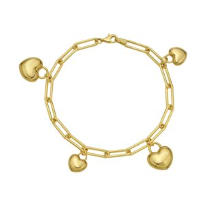 14K Yellow Gold Puffed Heart Charm Bracelet